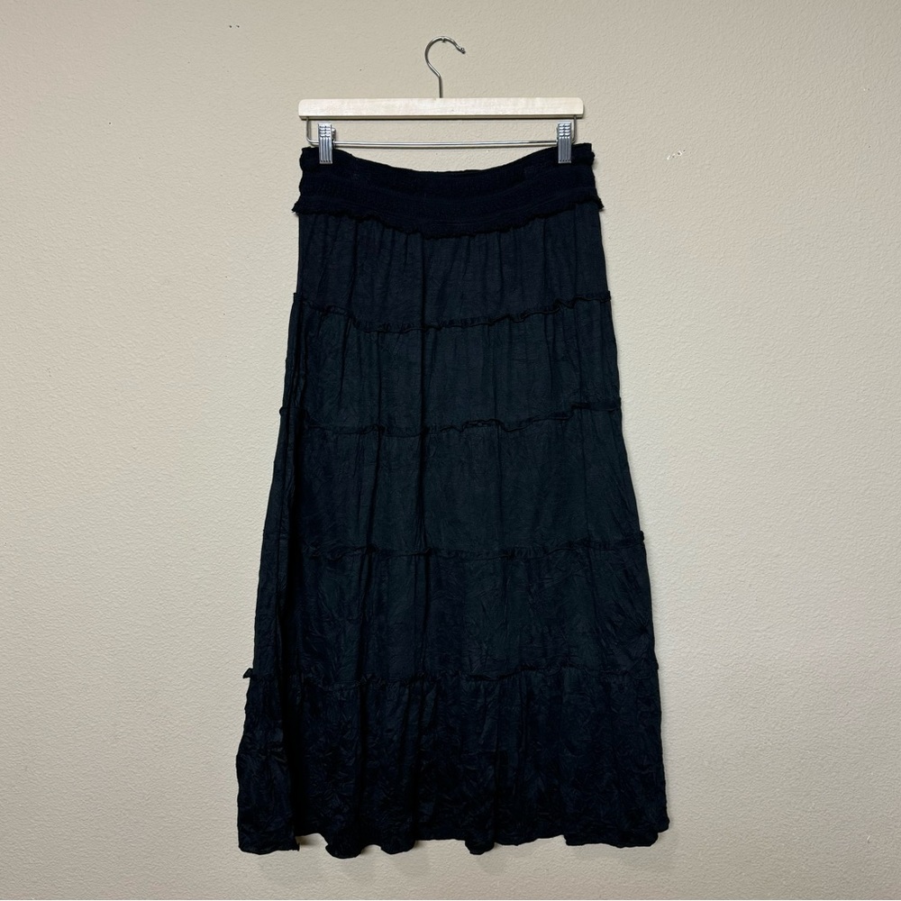 Indigo skirt women medium black tiered crochet waist midi length peasant black